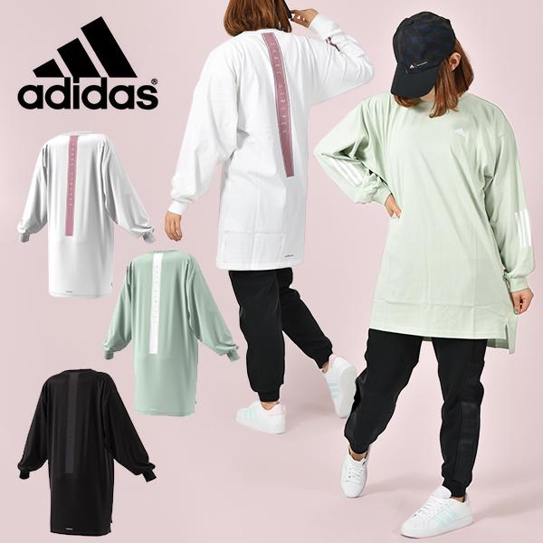 アディダス レディース ロング丈 長袖 Tシャツ adidas W WORDING チュニックTシャツ ルーズフィット ロンT ワンピース 2022秋新作 CV338