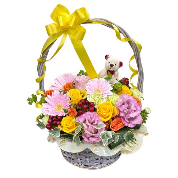 クール便無料 ベア バスケットアレンジメント かわいい 華やか 生花 ギフト プレゼント フラワーアレンジメント 誕生日 入学式 卒業式 記念日 母の日 黄色系