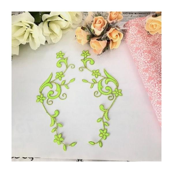 新体操、バレエなどのレオタード、バトントワリング 、ドレス、ステージ衣装に飾り付けるゴールドとネオングリーンのモチーフです。レオタードなどの好きな位置に、好きなデザインで貼り付けて、スパンコールとラインストーンを加えて、自由デザインができま...