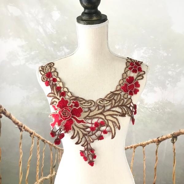 モチーフレース 花柄 薔薇 ネックラインモチーフ 襟モチーフ バラモチーフ バトンモチーフ バラ モチーフ レッド グリーン 服飾 レオタードモチーフ 装飾 衣装モチーフ バレエ衣装 チュチュモチーフ 舞台衣装 ステージ衣装 ダンス衣装 社...