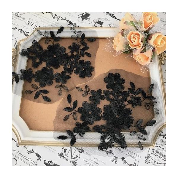 ブラックチュールにお花刺繍を施したモチーフになります。ストーンやビーズなどを加えて使用するだけで、ゴージャスな雰囲気のアイテムになります。社交ダンス、バトントワリング、レオタード、ベリーダンス、フィギュアスケート、バレエ、ドレス、ステージ衣...