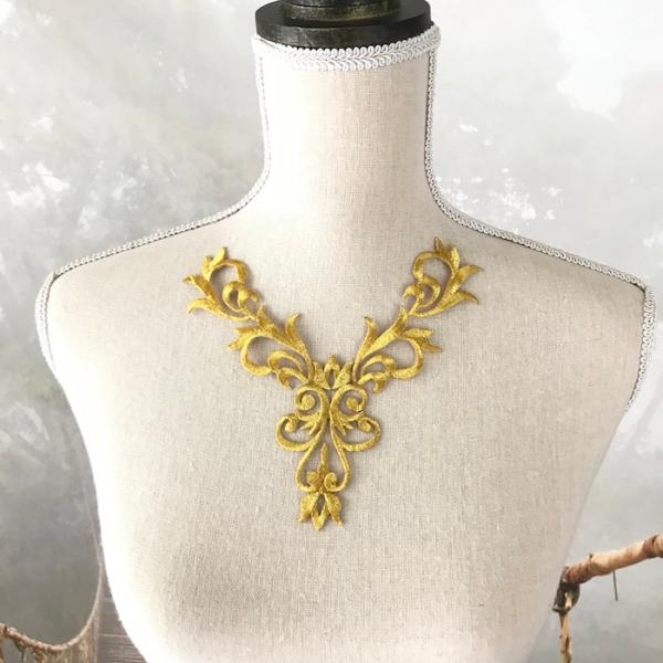 ゴールド レオタード バトン モチーフ ネックライン ネックラインモチーフ ワッペン アイロン用 貼り付け 衣装 レオタードモチーフ バレエ衣装 舞台衣装 ステージ衣装 ダンス衣装 社交ダンス フィギア衣装