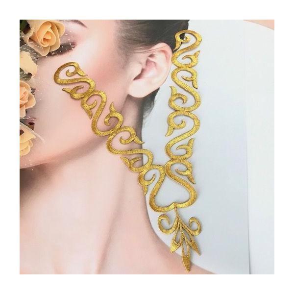 エレガントなゴールドのネックライン形のワッペンモチーフです。新体操、バレエ、レオタード、バトントワリング 、ドレス、ステージ衣装などに飾り付けるモチーフです。レオタードなどの好きな位置に、好きなデザインで貼り付けて、スパンコールとラインスト...