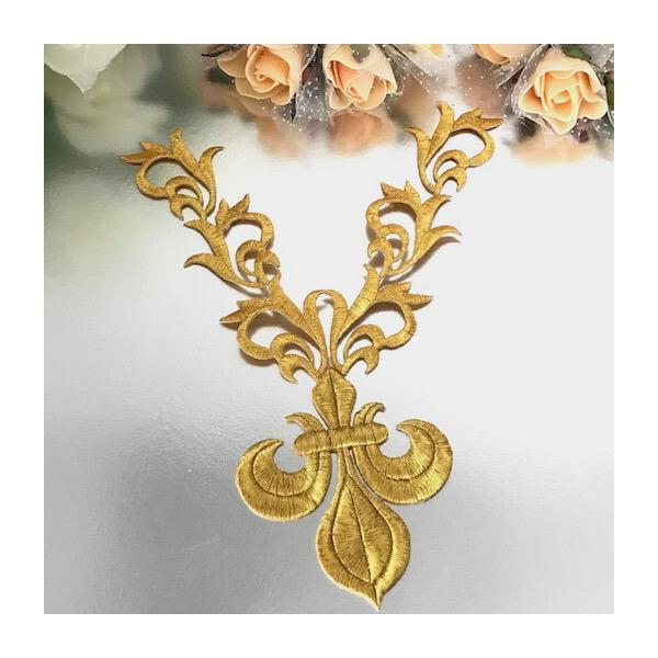 アイロン接着できるゴールドの刺繍ワッペンモチーフになります。新体操、社交ダンス、バトントワリング、レオタード、ベリーダンス、フィギュアスケート、バレエ衣装、ドレス、ステージ衣装、手作り制作などにお使いいただけます。アイロン接着or縫い付けも...