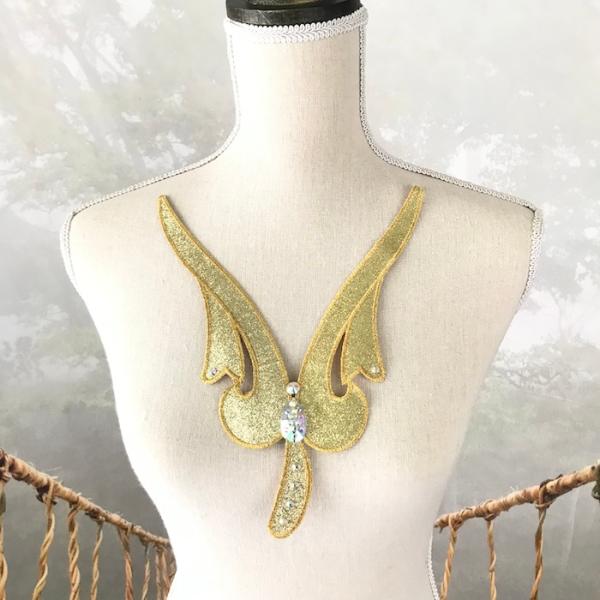 ゴールド アップリケ ネックライン モチーフ 衣装 刺繍ワッペン レオタードモチーフ アイロンワッペン アイロン接着 アップリケワッペン モチーフ 装飾 バトンモチーフ バレエ衣装 舞台衣装 ステージ衣装 ダンス衣装 社交ダンス フィギア衣装