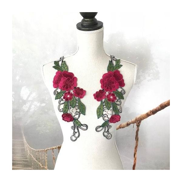 エレガントなバラの刺繍モチーフセットです。新体操、社交ダンス、バトントワリング、レオタード、ベリーダンス、フィギュアスケート、バレエ、ドレス、ステージ衣装、ハンドメイド材料などにお使い頂けます。アイロンタイプではございませんサイズ：H35c...