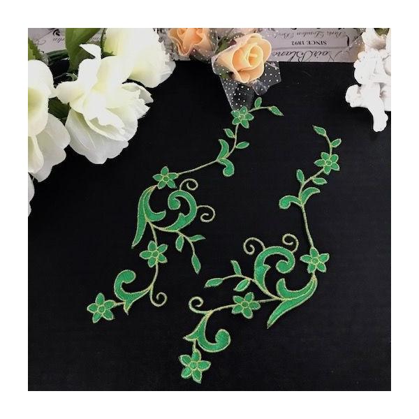 新体操、バレエなどのレオタード、バトントワリング 、ドレス、ステージ衣装に飾り付けるゴールドとグリーンのモチーフです。レオタードなどの好きな位置に、好きなデザインで貼り付けて、スパンコールとラインストーンを加えて、自由デザインができます。手...