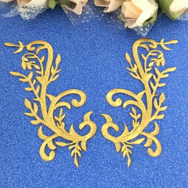 アイロン接着できるゴールドの刺繍ワッペンモチーフです。コスチューム、新体操、社交ダンス、バトントワリング、レオタード、ベリーダンス、フィギュアスケート、バレエ衣装、ドレス、服飾、ステージ衣装、舞台衣装、ワンピース、ハンドメイド材料などにお使...