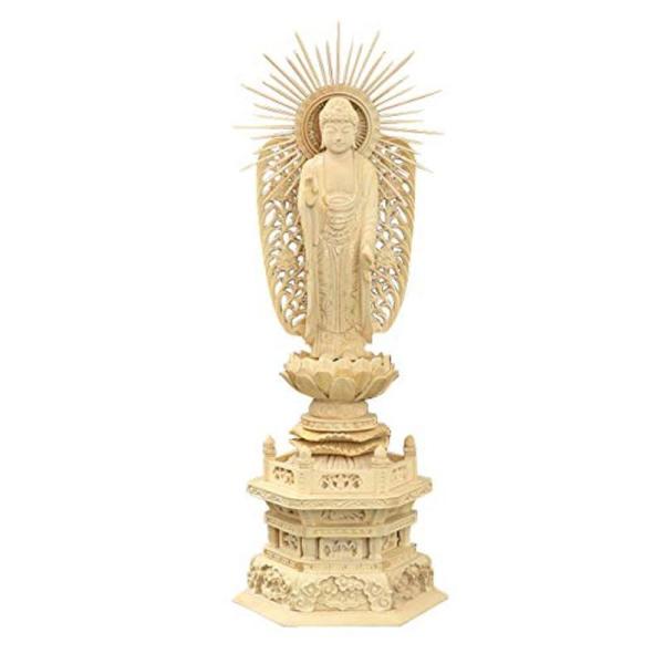 京仏壇はやし 仏像 総ツゲ 六角台座 西立弥陀 金泥書 3.5寸 高さ27.5cm 幅10cm 奥行7.3cm (浄土真宗 西本願寺派 お