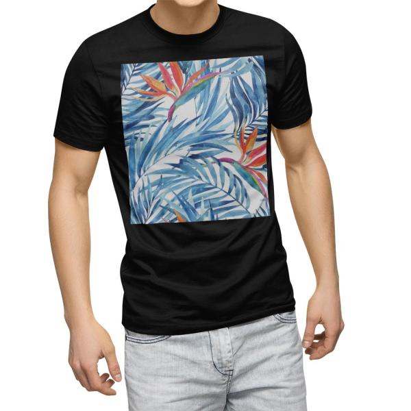 tシャツ メンズ 半袖 ブラック デザイン XS S M L XL 2XL Tシャツ ティーシャツ T shirt　黒  リーフ　トロピカル 014400