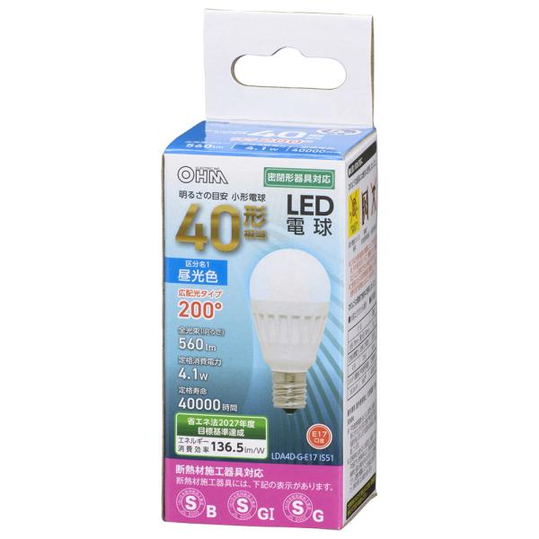 オーム電機 LED電球 小形 E17 40形相当 昼光色 LDA4D-G-E17 IS51 【品番:06-4476】