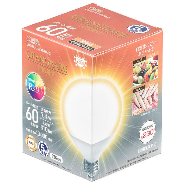 他サイト： オーム電機 LED電球 ボール電球形 E26 60形相当 電球色 LDG8L-G AG6/RA93【品番:06-3867】の商品画像