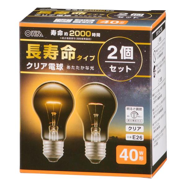 オーム電機 長寿命白熱電球 E26 40W形 クリア 2個セット LB-DL5638C-2PN 【品番:06-4753】