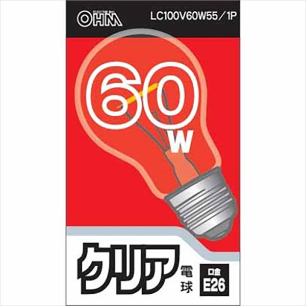 オーム電機 白熱電球 E26 60W クリア LC100V60W55/1P 【品番:06-1752】