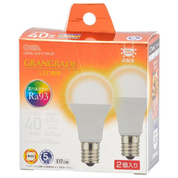 オーム電機 LED電球小形E17 40形相当 電球色 2個入 LDA4L-G-E17 RA 2P 【品番:06-5560】