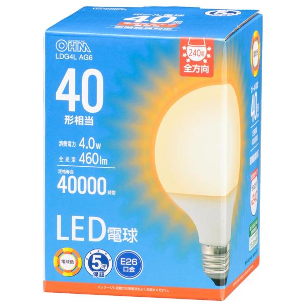オーム電機 LED電球ボール電球形 E26 40形相当 G95 電球色 LDG4L AG6 【品番:06-5527】
