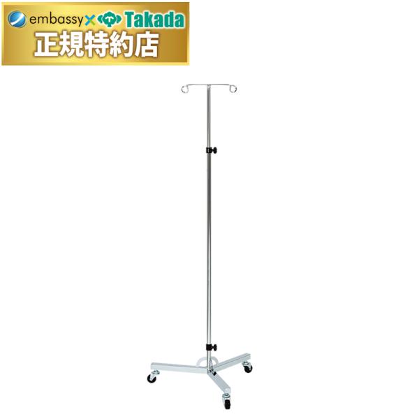 2ヵ所フック付きのスチール製。清潔感のあるクロムメッキ仕上げ。直径4cmの単輪キャスター付き。手動式無段階高さ調節機能付き。