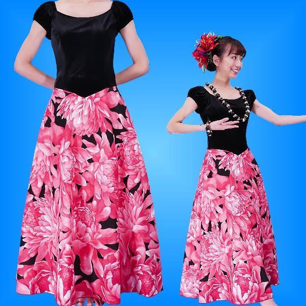 フラダンス ベロア×ハワイアンファブリックドレス レッド F フラダンス ベロア×ハワイアンファブリックドレス レッド F