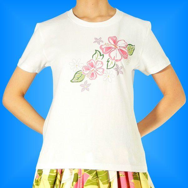 フラダンス Tシャツ Ｍ ハイビスカス&ティアレ ホワイト 790mw