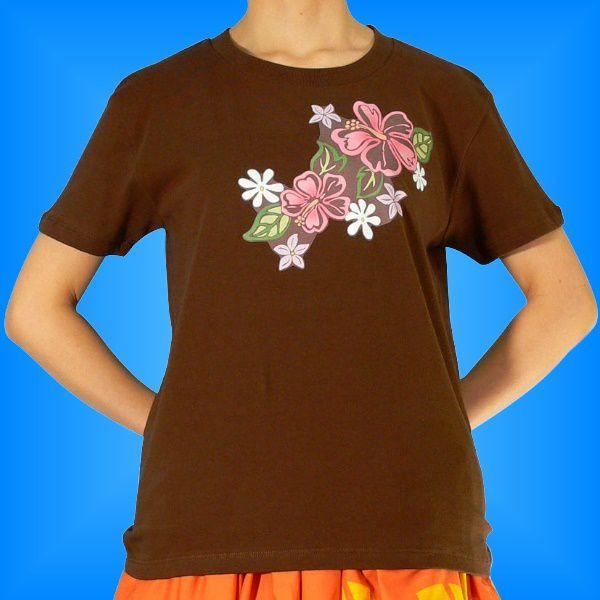 フラダンス Tシャツ XL ハイビスカス&ティアレ ブラウン 790xlbr