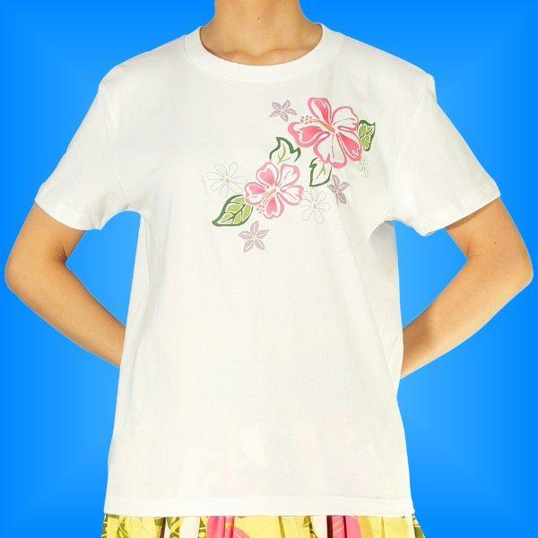 フラダンス Tシャツ XL ハイビスカス&ティアレ ホワイト 790xlw
