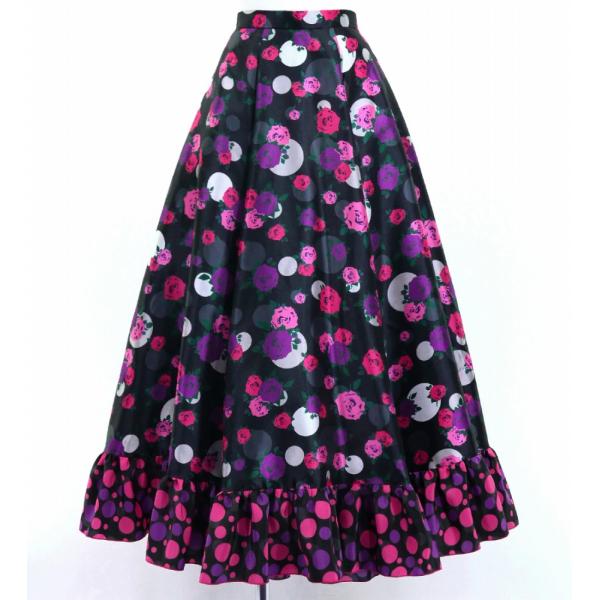フラメンコ フリル ロングサーキュラースカート ローズ×水玉 ブラック