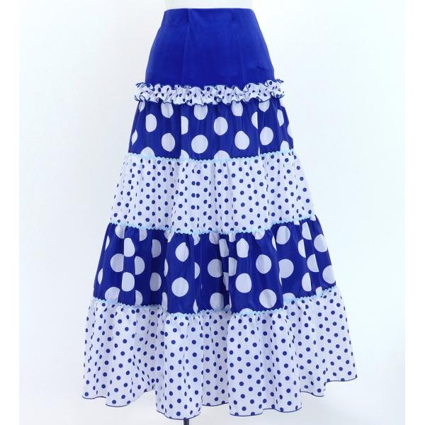 フラメンコ ティアードスカート 水玉 ブルー×ホワイト FS-62生地から縫製に至るまで、全ての工程を国内で行った日本製の商品。emikaオリジナルプリント生地を使用したティアードファルダです。伸縮性・高級感のあるストレッチベロア生地で腰回...
