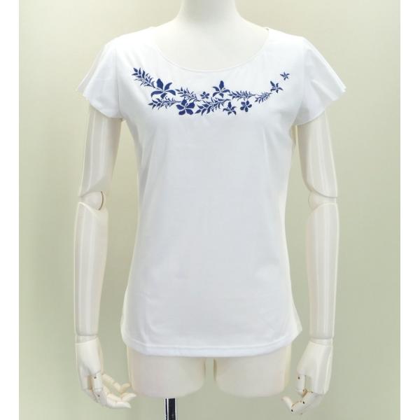 【特価】フレンチフリル Tシャツ Ｆ 刺繍ネイビー ハイビスカス ホワイト KD3blwF