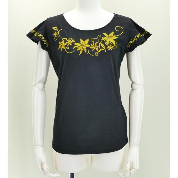 【特価】フレンチフリル Tシャツ Ｆ 刺繍ゴールド リリィ ブラック KD4gbF