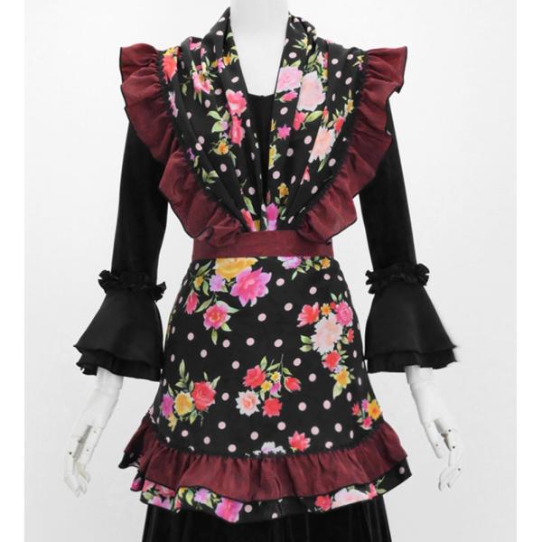 フラメンコ ピキージョ・エプロンセット ローズ＆カーネーション ブラック PA-30emikaオリジナルプリントのコシボ生地を使用した華やかなフリルピキージョとエプロンのセットです。シンプルなファルダに合わせてもガラッと雰囲気を変えてくれま...