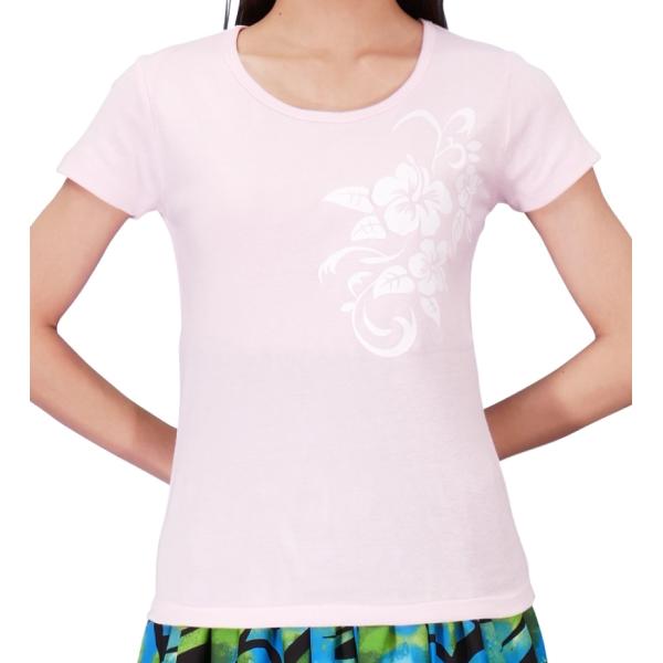 ストレッチ Tシャツ L ホワイト ハイビスカス ピンク TC10wpiL