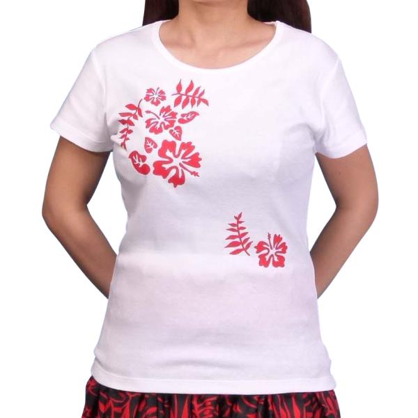 ストレッチ Tシャツ L レッド ハイビスカス ホワイト TC4rwL