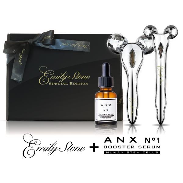 雑誌・テレビ等メディア掲載多数！話題の美容ローラー『エミリーストーン ミニ』『エミリーストーン フェイス』と無添加・防腐剤フリーで乾燥肌・敏感肌の人にもおすすめの高保湿美容液『ANX ブースターセラム』のセット商品です！ギフトボックス入りで...