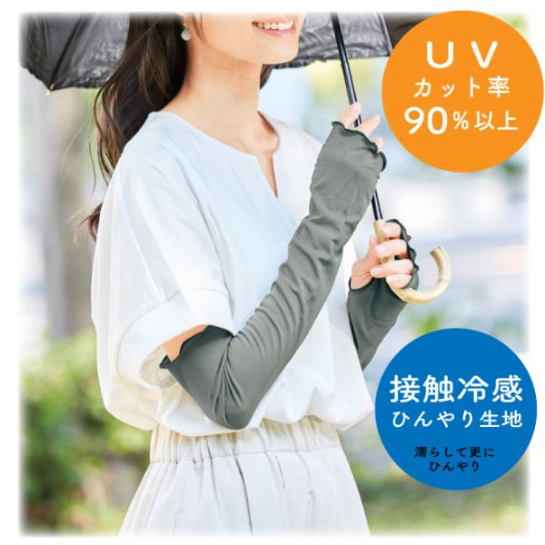 ひんやりベール UVカット アームカバー  接触冷感　ひんやり　冷たい 紫外線 日焼け 日よけ メッシュ  UV 日差し  腕 濡らす　指