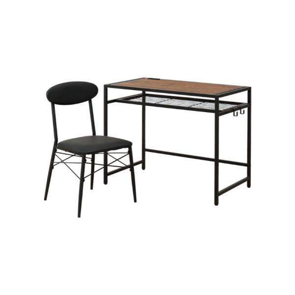 木目調の天板と、スチールフレームのデザインがおしゃれなデスクチェアセット。便利な中棚とコンセント付。ブラウンデスク：(約)幅90×奥行50×高さ72cmチェア：(約)幅46×奥行46×高さ76.5×座面高42cm■組立式　■2口コンセント付...