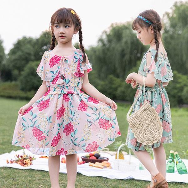 女の子 ワンピース シフォンワンピース 夏服 花柄 リゾート 半袖ワンピース おしゃれ 子ども服 キッズ 女児 人気 可愛い ピンク グリーン 110 160cm Lxl Encore 通販 Yahoo ショッピング