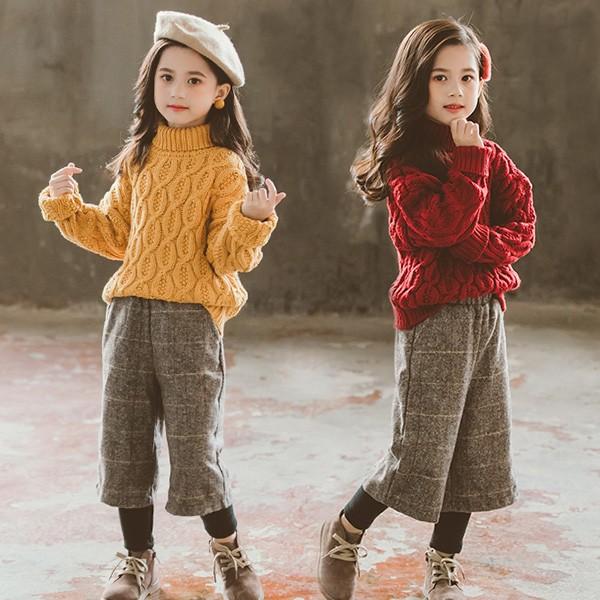 2色 韓国子供服 厚手い２点セット 春秋冬 タートルネックセーター チェック柄パンツ 長袖 裹起毛 ゆったり 女の子 キッズ こども 可愛い カジュアル