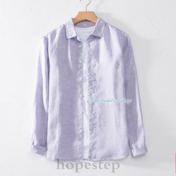 リネンシャツ メンズ 長袖 カジュアルシャツ 無地 バンドカラー 麻 綿