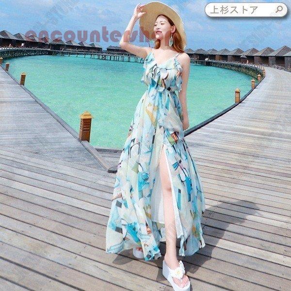 マキシワンピ マキシ丈ワンピース 夏ワンピ リゾート ハイウエストで
