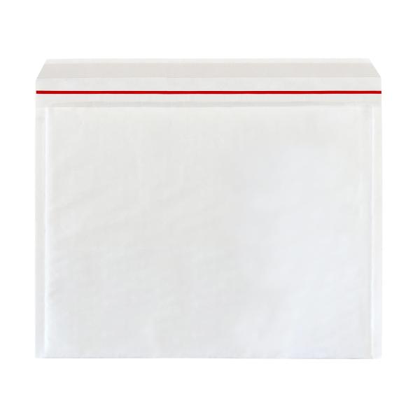 1枚あたり：32.00円（税別）製造元：（株）今村紙工品番： KFＷ-W340品名：ヨコ型クッション封筒サイズ：340(324)X250+50mm表面：白色・ホワイトタイプ加工：開封シール付　表面　晒クラフト紙　内側 気泡緩衝材　サイド貼り...