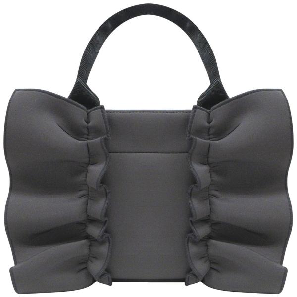立体感のあるたっぷりしたフリル トートバッグ ショルダーバッグ 2WAY 幅28×高さ19×マチ10cm グレー ボタン付きで中身が見えずらい