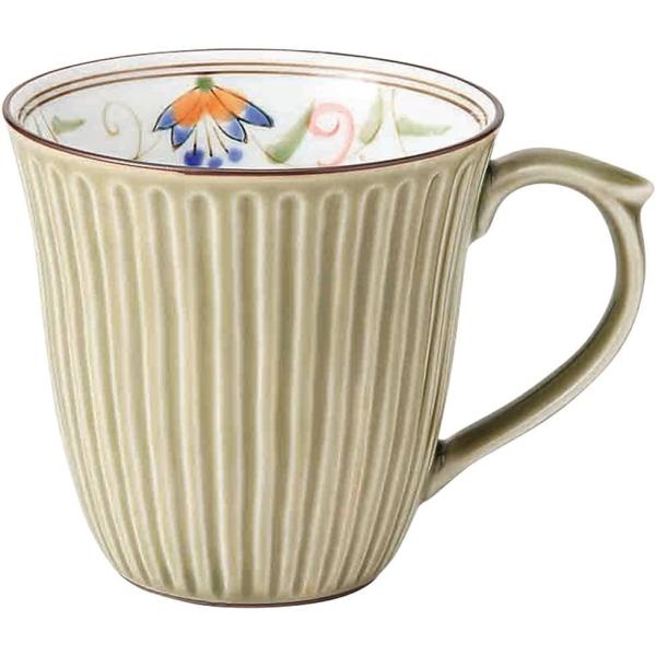カップの内側に花が手描きされた 軽量 マグカップ 緑 直径8.5cm 容量250ml 使いやすい軽さ 母の日や敬老の日のプレゼントにも