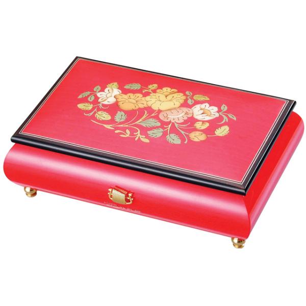 高音質な30弁タイプのオルゴール。普及タイプの18弁オルゴールよりも演奏時間が長く、音域も広いため、音楽性豊かな演奏が可能です。小物入れのついたエレガントな象嵌細工の30弁用ボックスです。