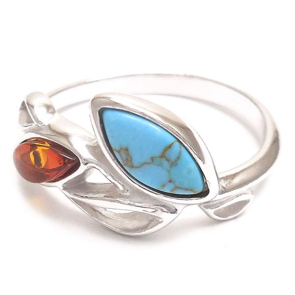 entiere アンティエーレ リング 12号 琥珀 アンバー ターコイズ リーフデザイン シルバー925 ロジウムメッキ レディース