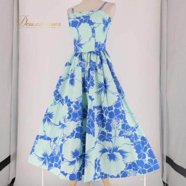 中古 ALOHA STANDARDS アロハスタンダード フラダンス 衣装 ワンピース ドレス ブルー系 日本製 ハイビスカス柄 かわいい 華やか 鮮やか 明るい 青 ハワイ…