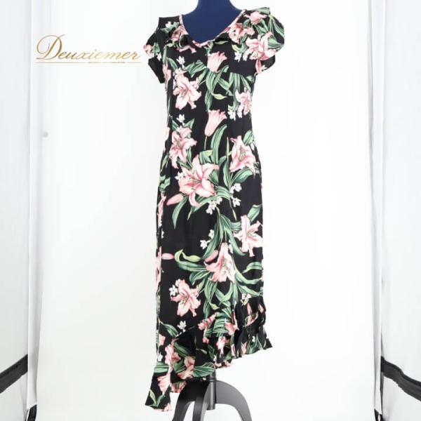 【中古】Princess Kaiulani プリンセスカイウラニ フラダンス 衣装 ワンピース ドレス ブラック系 フラ ダンス 黒 緑 花柄 フリル 華やか アシンメトリー ハワ…
