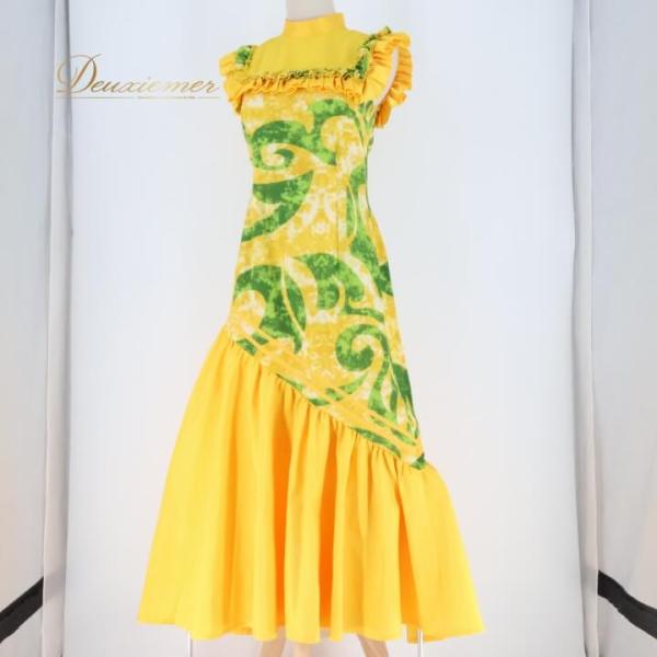 中古 CoCoEmily ココエミリー フラダンス 衣装 ワンピース ドレス イエロー系 ハイネック フリル ノースリーブ かわいい 華やか 鮮やか 明るい 黄 緑 ハワ…