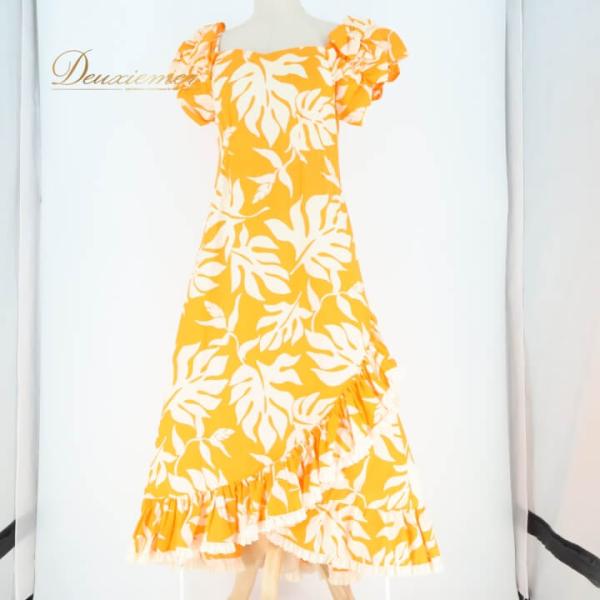 中古 ALOHA STANDARDS アロハスタンダード フラダンス 衣装 ワンピース ドレス オレンジ系 日本製 フリル アシンメトリー レース かわいい 華やか 鮮やか …