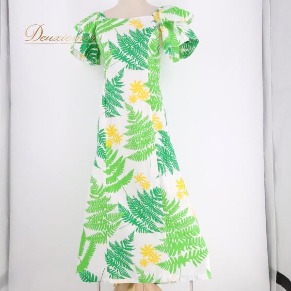 中古 MermaidLine MMJ マーメイドライン エムエムジェイ フラダンス 衣装 ワンピース ドレス グリーン系 日本製 フリル ティアレ柄 かわいい 華やか 鮮や…