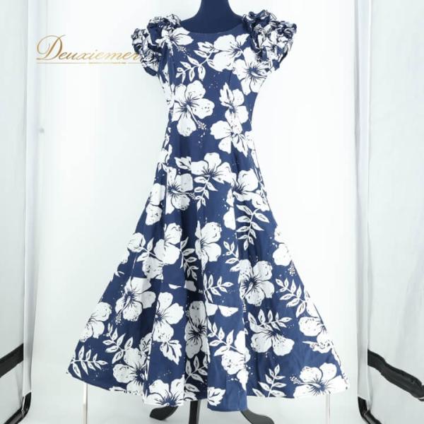 【中古】フラダンス 衣装 ワンピース ドレス ネイビー系 フラ ダンス 紺 白 花柄 DFギャラリー ハワイアン フリル ハイビスカス柄 アロハ 軽い ハワイアンプリ…